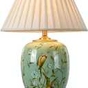 Green Flower and Bird Ceramics Table Lamp 25.5" Chinoiserie Lamp American Handmade Beige Linen Drum Shade Decor for Living Room Bedroom House Bedside Home