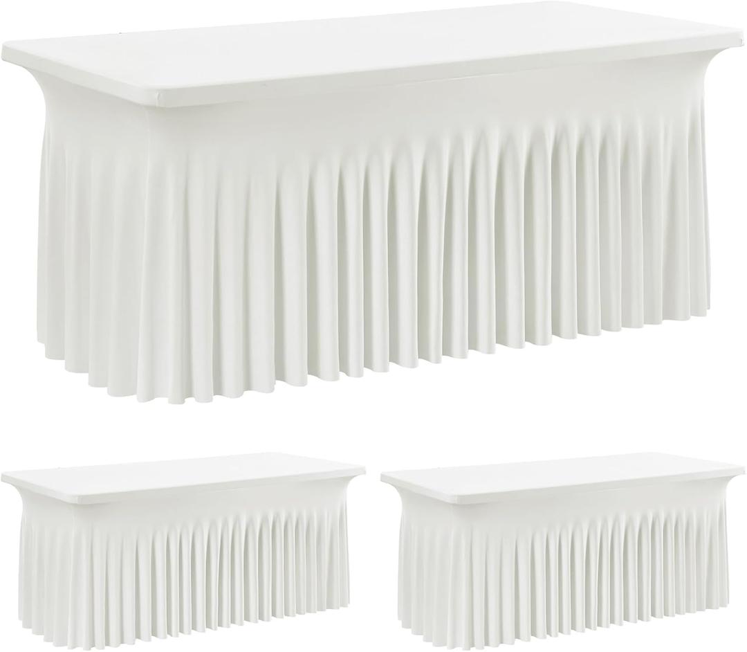 leegleri 2 Pack Ivory Spandex Table Clothes for 6 Foot Rectangle Tables, Wrinkle Free Fitted Table Cloth 6ft Stretch Tablecloths for Parties Weddings Birthday Banquet Baby Shower