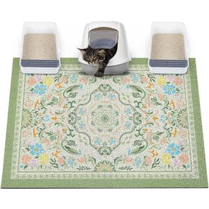 Glittme Cat Litter Mat with Non-Slip Bottom Litter Box Mat 47"X35" Litter Trapping Mat Easy to Clean Washable Cat Food Mat for Kitty,XXL (Bean Green)