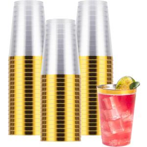 Goodluck 50PCS 12oz Gold Plastic Cups for Party, Disposable Gold Rim Cups, Plastic Cocktail Glasses for Wedding Thanksgiving, Christmas, and Parties