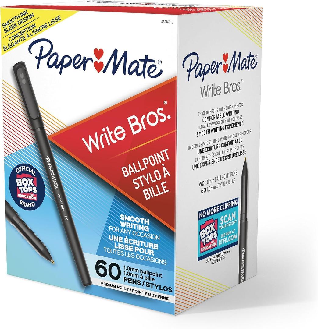 Paper Mate Ballpoint Pens Write Bros. Black Ink Pens Medium Point (1.0mm) 60 Count