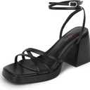 ISNOM Platform Block Heels Women Comfortable Strappy Heels Short Block Chunky Sandals Ankle Strap Simple Summer Heeled Sandals Square Toe (7.5, Matteblack)