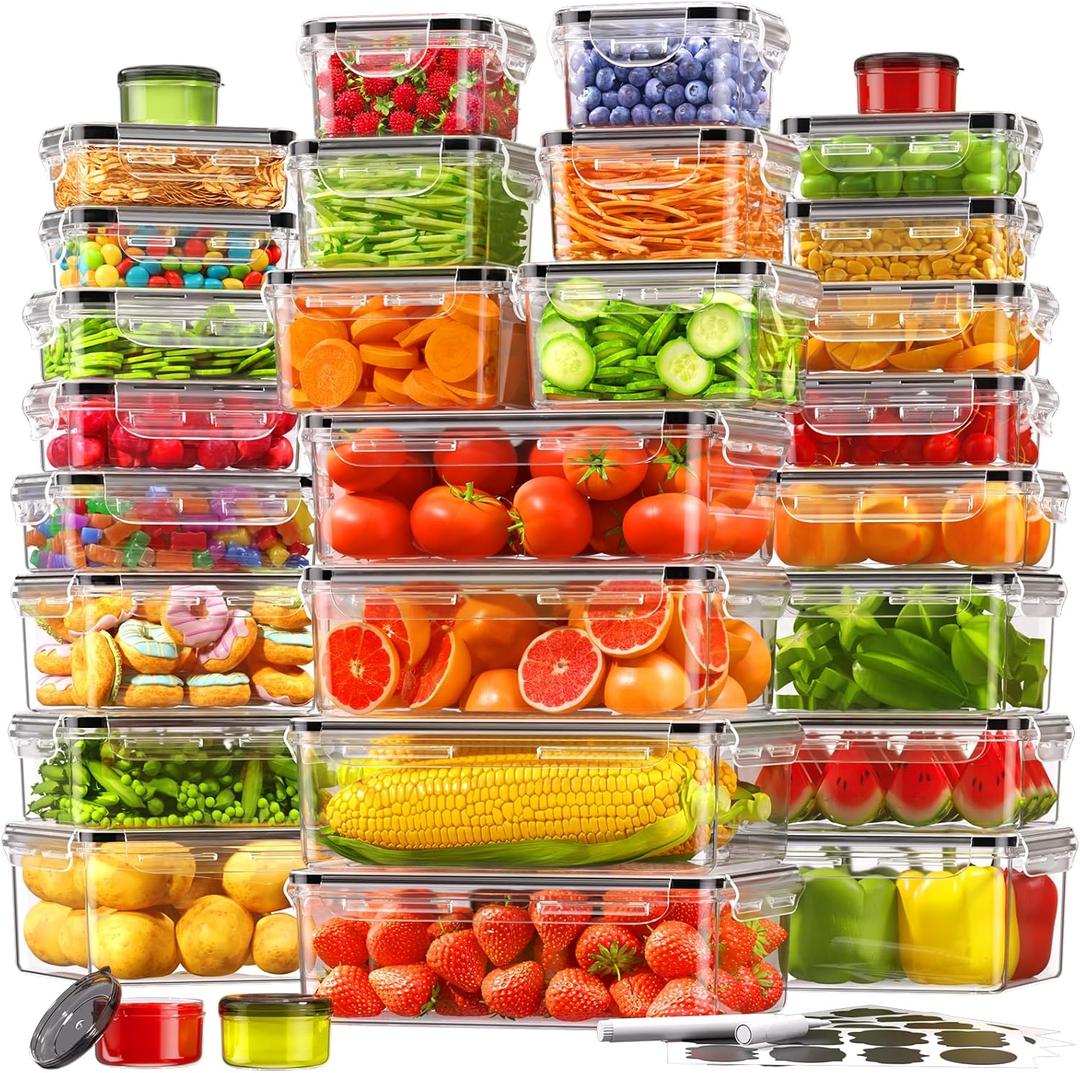 Set of 60 Food Storage Containers with Lids Airtight (30 Containers & 30 Lids), 100% Leak Proof Meal Prep Container for Kitchen, BPA-Free Plastic(Polypropylene5), Microwave/Dishwasher Safe, Labels & Pen
