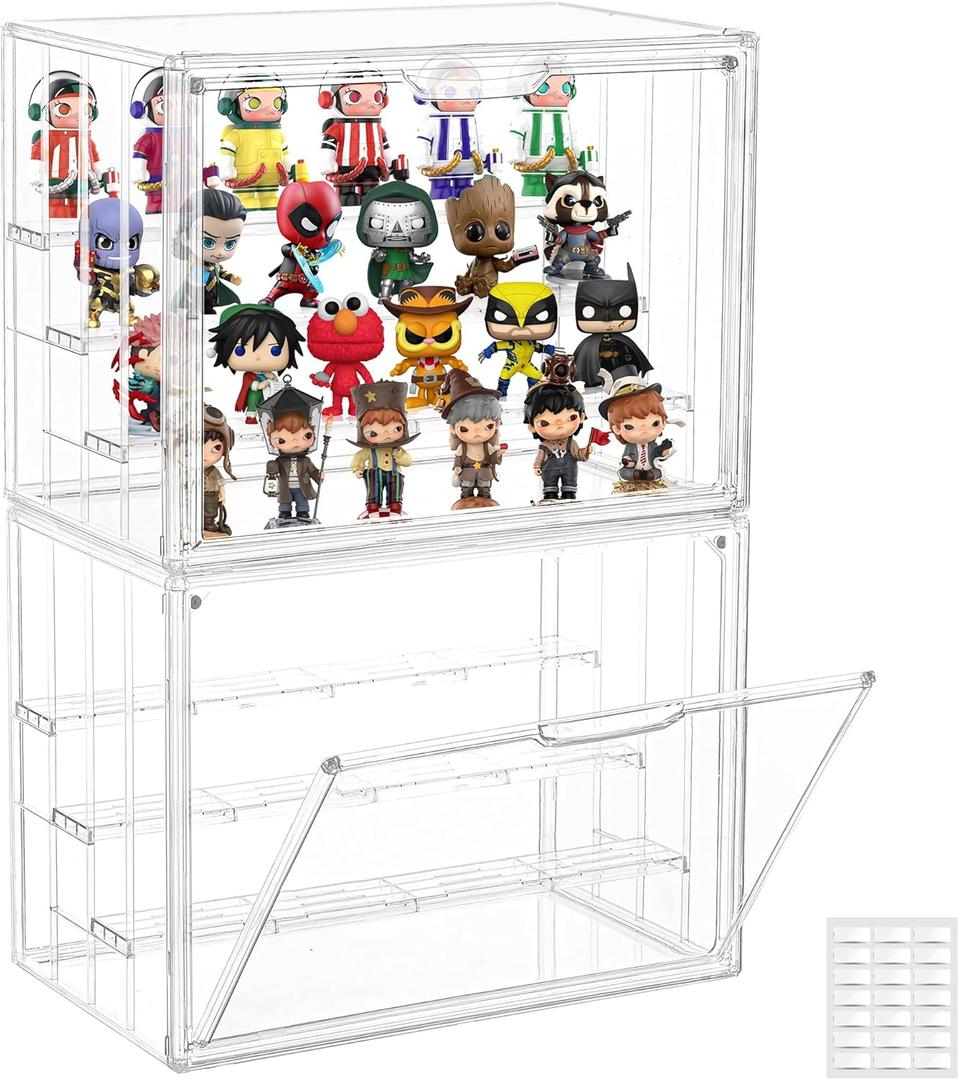 Clear Acrylic Display Case for Collectibles, 4 Layer Figure Display Case with Magnetic Door, Stackable Figurine Display Shelf Box for Figures, Funko Pop, Pop Mart, 2-Pack