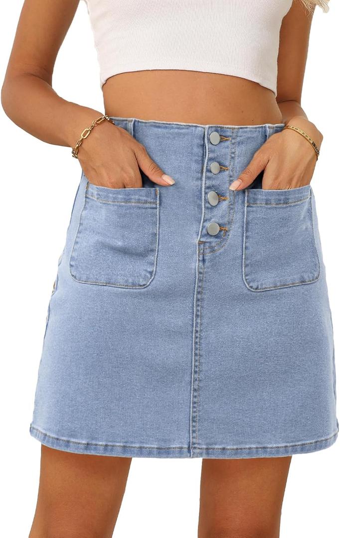 Sidefeel Women's Jean Skirt High Waist Summer Stretch Zimbaplatinum Denim Skirt Button Knee Length Skirt with Pockets (Large, Iceland Blue)