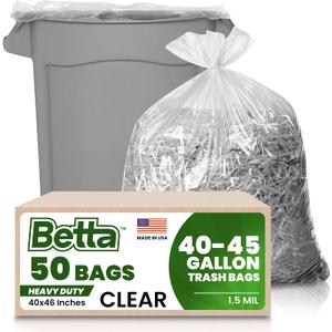 Betta 40-45 Gallon Clear Trash Bags, 50 Count Box, (40x46-inch) Commercial Heavy-Duty Garbage and Recycling Can Liners for 32-44 Gallon Round Cans, 25-35 Gallon Slim and Square Cans
