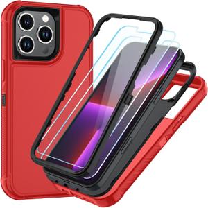 SunStory Compatible with iPhone 13 Pro Max Case with HD Screen Protector, 3-Layer Heavy Duty Full-Body Cover,3 in 1 Hybrid Protective Case for iPhone 13 Pro Max 6.7",Red