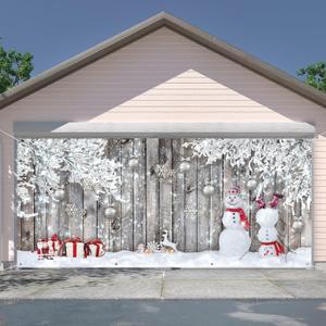 Tiamon Christmas Garage Door Banner Cover Large Merry Christmas Garage Decoration Winter Snowman Snow Snowflake Backdrop Background for Xmas Holiday Party Supplies Indoor Outdoor, 7x16 ft