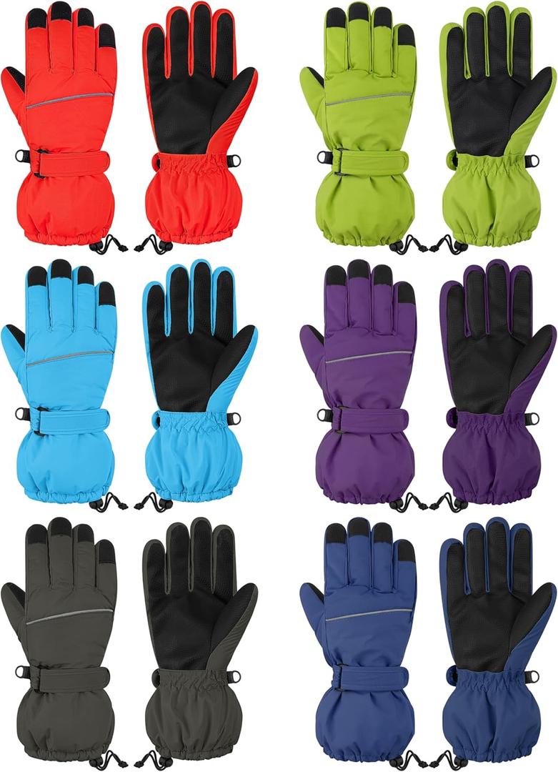 Cooraby 6 Pairs Kids Ski Snow Gloves Waterproof Windproof Gloves Winter Snowboard Sport Gloves for Boys Girls Cold Weather