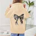 Girl's Bow Camo Graphic Hoodies Long Sleeve Hooded Sweatshirt Preppy Cute Pullover Tops (Apricot)