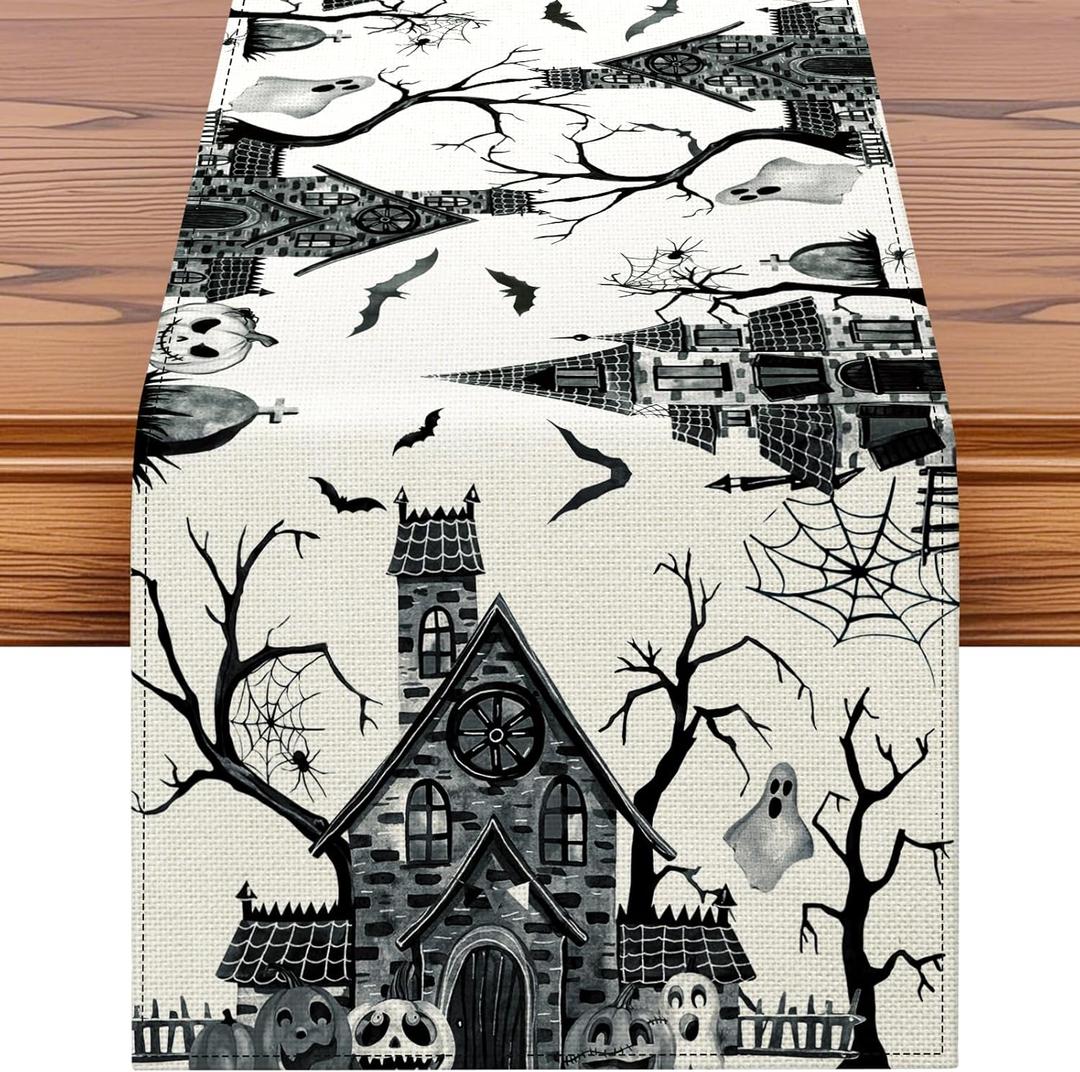 4 x Artscope Black White Spooky Haunted House Tree Ghost Halloween Table Runner, Halloween Holiday Kitchen Dining Table Decoration for Fall Home Decor 13x72 Inch