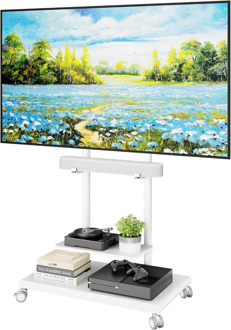 Steel Base Rolling TV Stand with Soundbar Mount for 50-90 inch TVs up to 154lbs, Swivel&Tilt Mobile TV Stand with Large Storage, Height Adjustable Heavy-Duty TV Cart, Max VESA 600x400mm, White