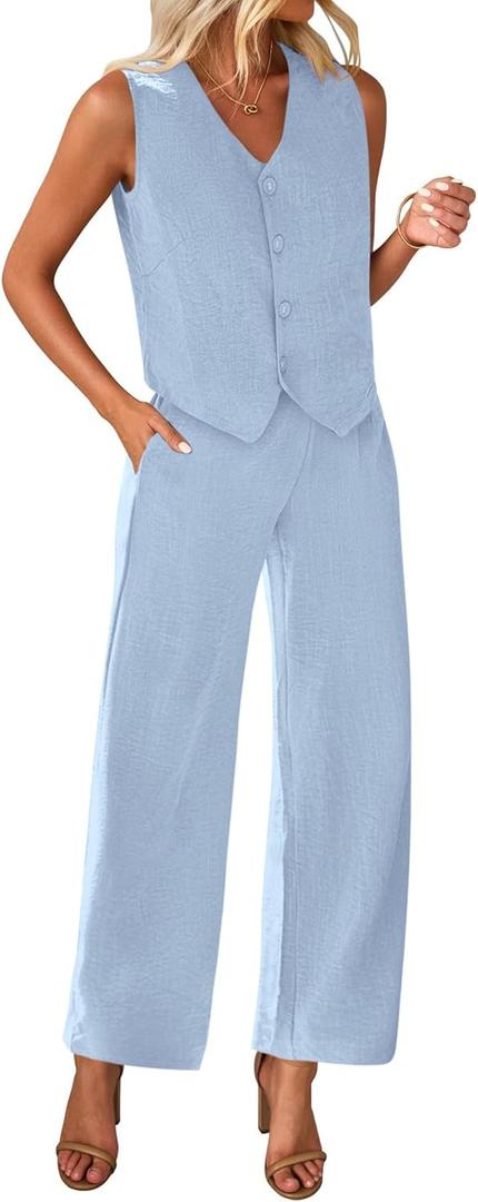 KIRUNDO Womens Two Piece Outfits Summer Fashion Button V Neck Crop Vest Blazer and Wide Leg Pants Suit Matching Sets (Small, Sky Blue)