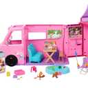 Barbie Dream Camper New for 2025 Playset with Roof Tent, Swing Chair, Fishing Pond, BBQ Grill with Color-Change Feature & 60+ Accessories Including Dough