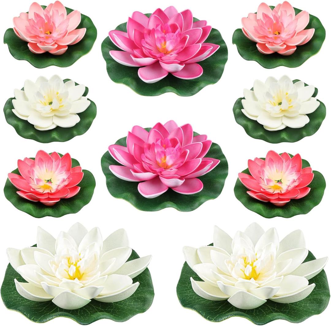 QUOZUO 10PCS 3 Sizes Artificial Foam Lotus Floating Flowers with Water Lily Pad Ornaments for Home Garden Pond Decor Pools Water Decorations, Pink and White