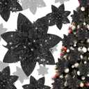 Geosar 36 Pieces Glitter Christmas Poinsettia Artificial Xmas Flower Ornaments Flowers Decorations with Clips and Stem Glitter Poinsettia Christmas Tree Ornaments for Xmas Wedding (Black)