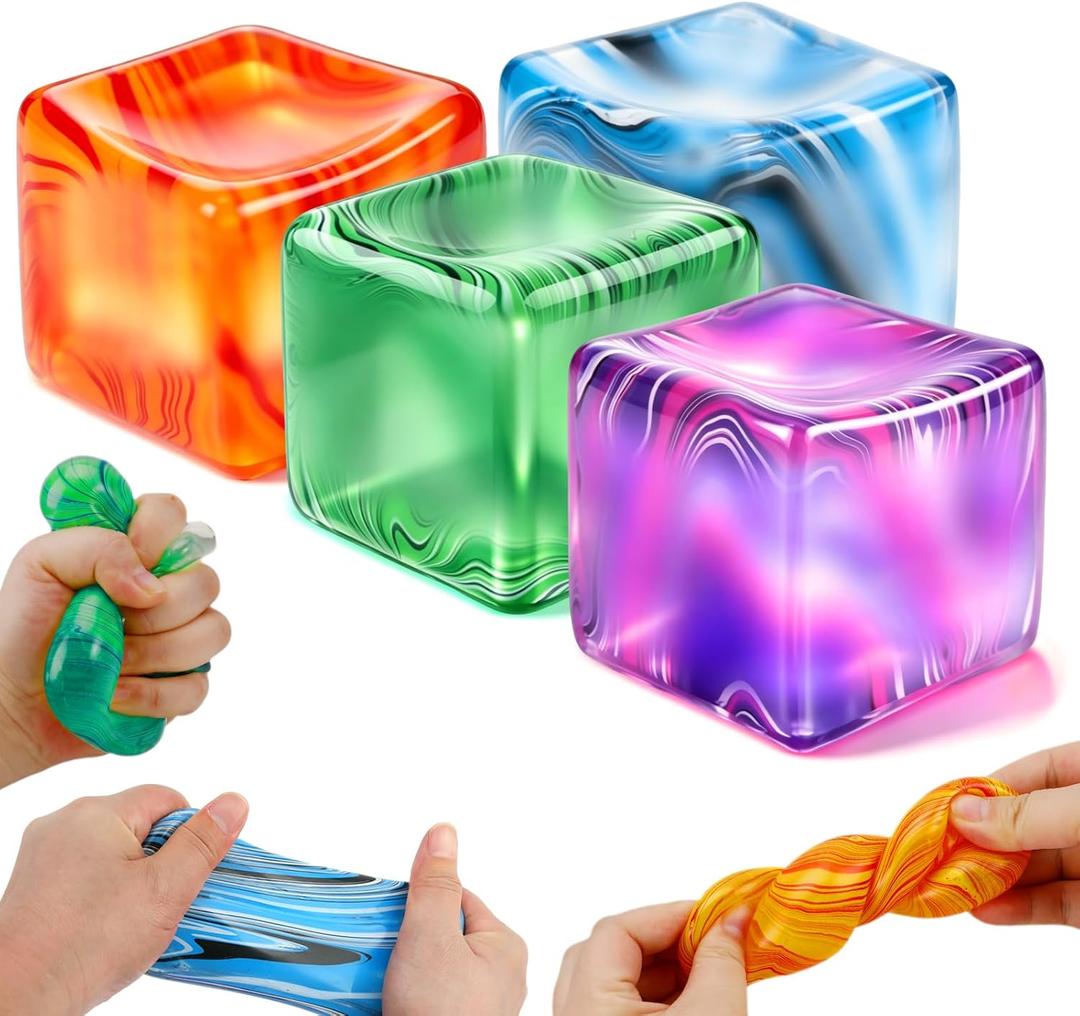 Gemscream 6 Pack Ice Cube Stress Relief Balls Soft Squeeze Fidget,4 Color | Sensory Fidget Toys for Anxiety Relief, Maltose Flow Gummy Texture Pattern, Party Favors Prizes Bulk Supplies for Adults