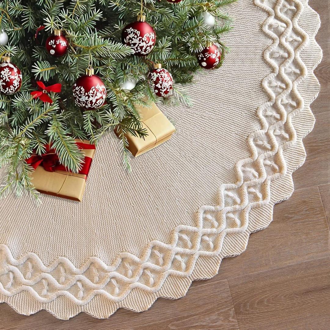 KHOYIME White Knitted Christmas Tree Skirt 48 Inches Rustic Vintage Large Xmas Tree Mat, Chunky Thick Knit Boho Under Tree Rug Skirt Farmhouse Decorations for Indoor Holiday New Year Home Party Decor