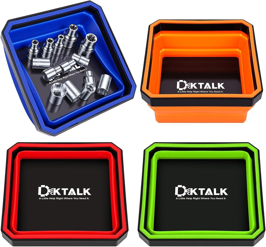 Foldable Magnetic Parts Tray Set - 4 Pack Color-Coded Collapsible Trays, 2lb Capacity & Strong Magnet Base for Auto Repair, Mechanics, Workshop Organization (4.5" Square)