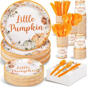 Dandat 350 Pcs Baby Shower Plates Set Baby Shower Party Supplies Serves 50 Tableware Sets Include Plates Napkin Cup Forks Knives Spoons Disposable Dinnerware(Little Pumpkin,Orange)