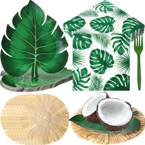 Yungyan 122 Pcs Hawaiian Luau Party Decorations Supplies Tropical Palm Leaves Paper Plates Bulk Luau Place Mats Disposable Napkins Forks Sets for 24 Guests Summer Jungle Holiday Beach Theme