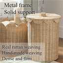 Woven Rattan Storage Basket with Lid, Round Laundry Hamper with Metal Frame, One Size