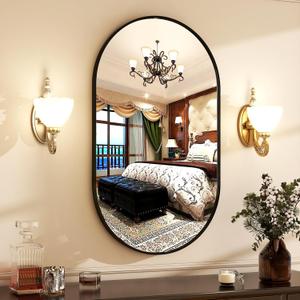 HARRITPURE 17" x 30"Oval Bathroom Mirror Wall Mounted Chic Brushed Metal Frame Hang Vertically & Horizontally Perfect Modern Decor for Bedroom Bathroom Entryway Living Room Gallery Wall,Black