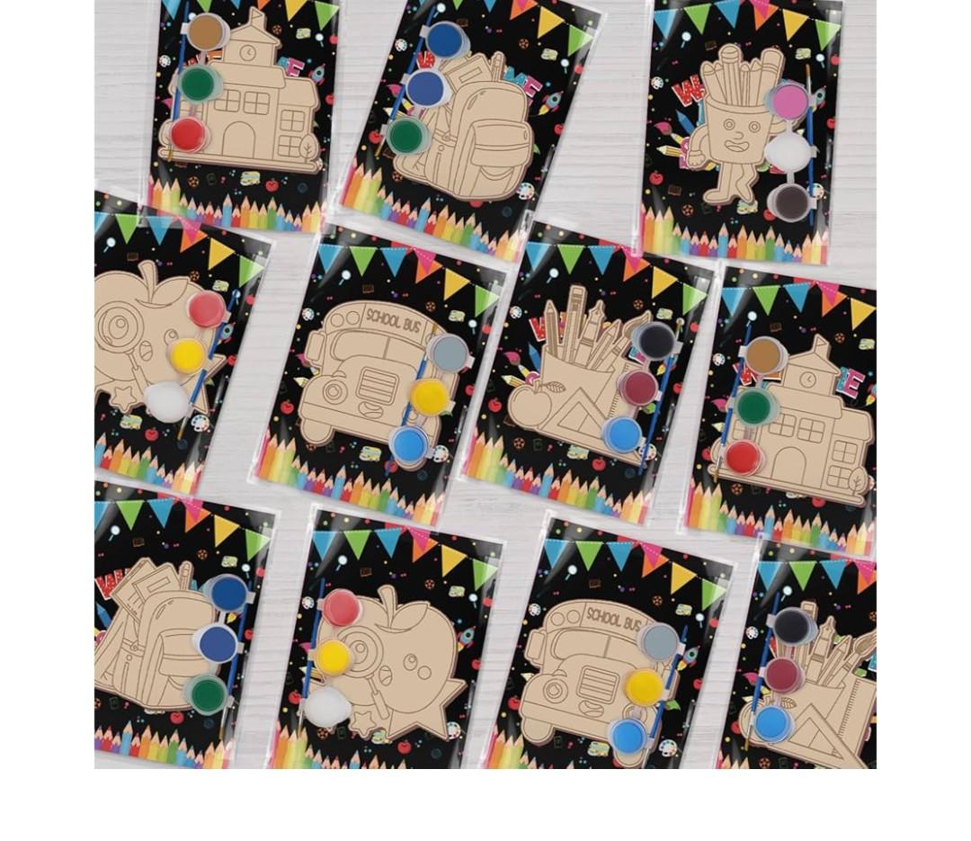 delaimastor 48Pcs Back to School DIY Wood Painting Craft Kits with Cards First Day of School Blank Unfinished Wooden Shapes Slices for Boys Girls Back to School Gifts Bulk, Set of 3