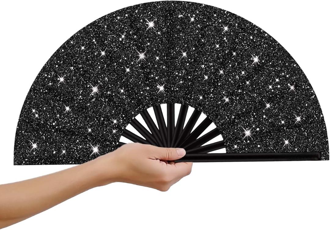 13'' Big Hand Fan Boots on The Ground Fan Clacking Fans for Line Dancing Where Them Fans at Clack Fan Folding Hand Fans for EDM, Festival,Club, Rave,Party, Dance Accessories (Glitter Black)