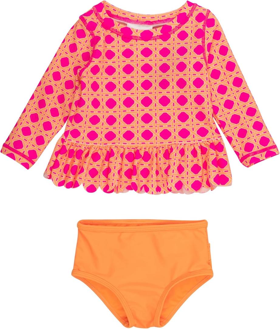 RuffleButts Baby/Toddler Girls Scalloped Long Sleeve Rash Guard 2-Piece UPF50+ Sun Protected Swimsuit (4T, Neon Sherbet Cane)