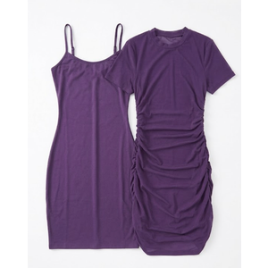 Rooscier Women's Sexy Sheer Mesh Dress 2 Pcs Short Sleeve Ruched Bodycon with Cami Dress Size S