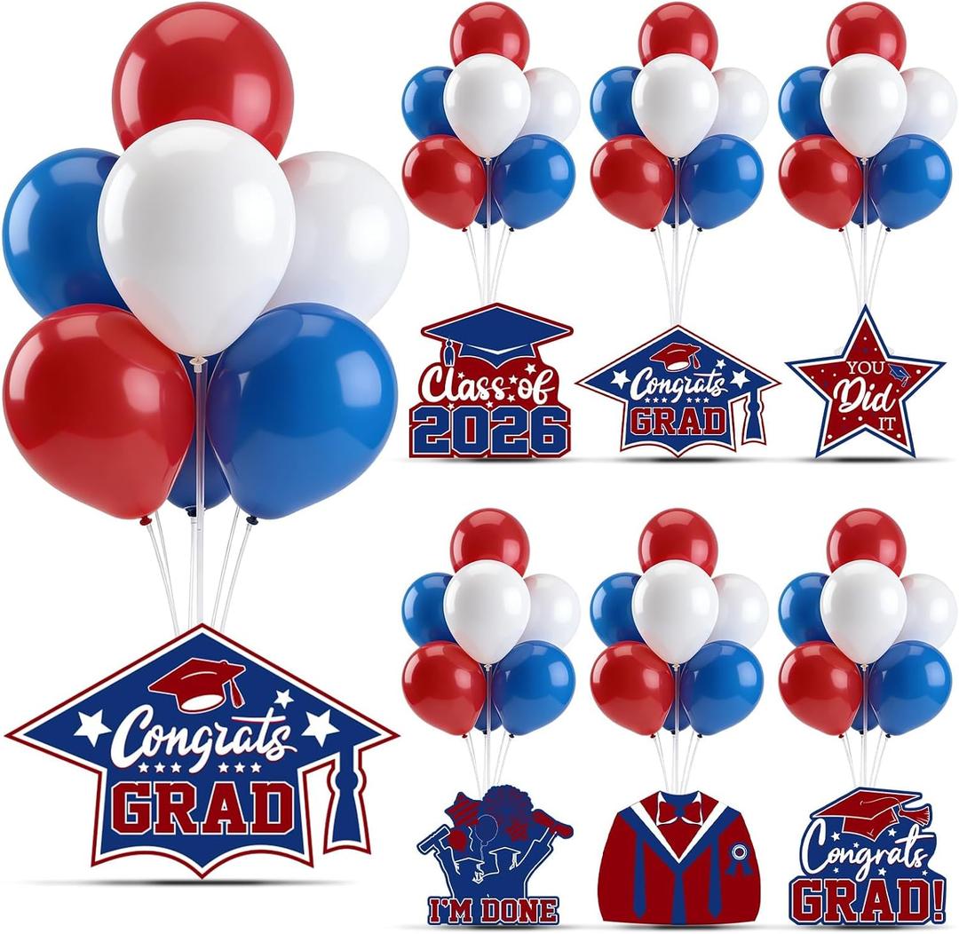6 Sets 2026 Graduation Balloon Stand Kit for Table Red Blue Whilt Balloon Class of 2026 Congrats Grad Table Centerpiece Grad Prom Themed Decoration for Grad School & College Ceremonies Party Supplies