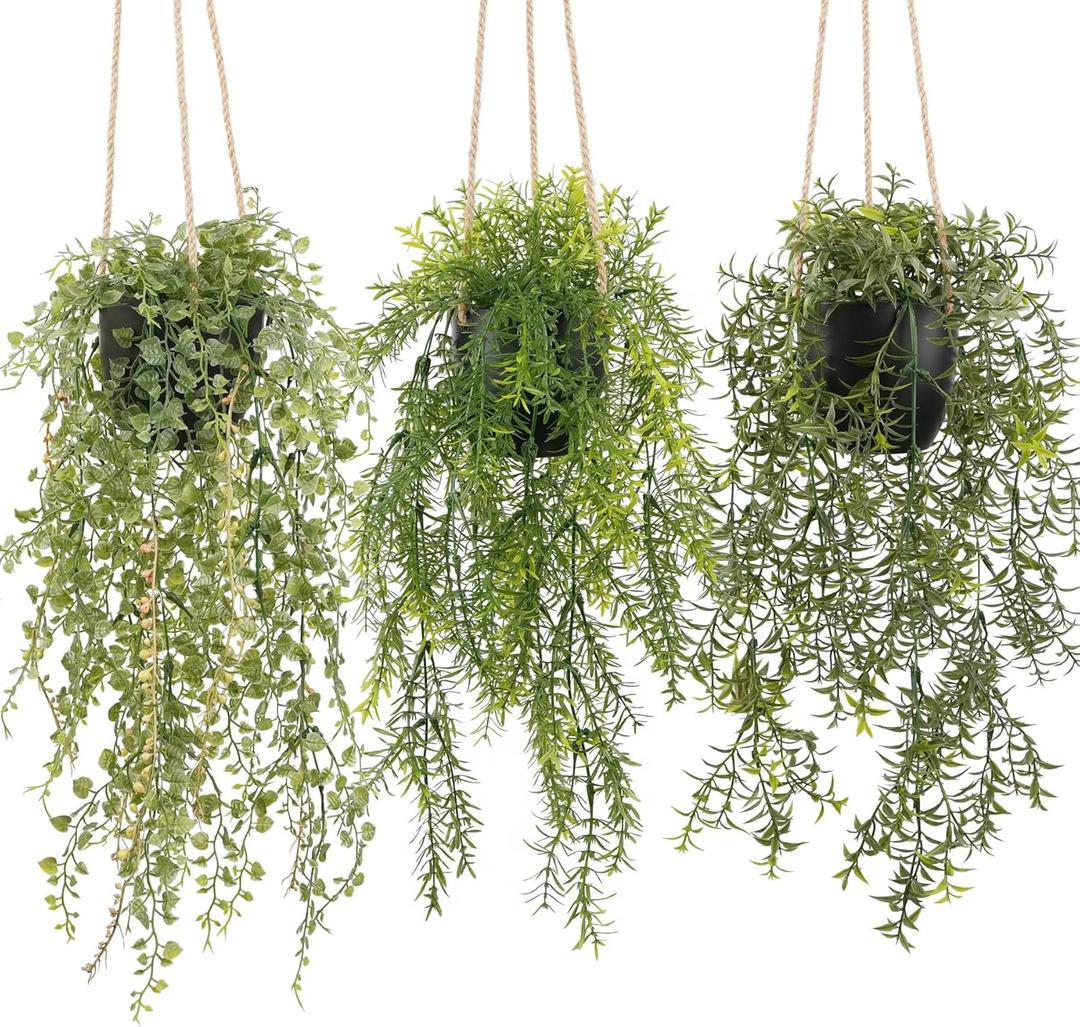 3 Packs Fake Hanging Plants with Black Pots, 18.5" Artificial Hanging Plants for Wall Decor, Fake Plants Mandala Vine Indoor/Outdoor for Home Bathroom Bedroom Kitchen Office Room Decor