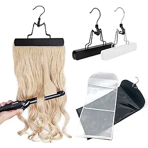 Hair Extensions Holder 24" Hair Extension Storage Bag Wig Bag Storage Organizer Wooden Hanger, Portable Dust-Proof Waterproof Hair Extensions Wig Hanger 2 PCS, Black & White