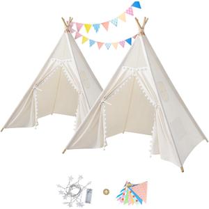 Sumbababy 2 Pack Kids Teepee Tent for Toddler, Boho Foldable Sleepover Tents for Girls & Boys, Indoor Washable Slumber Party Tent with Star Lights & Colored Flags