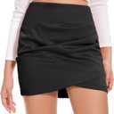 Dxyufazhe Womens Sexy High Waist Faux Suede Ruched Mini Skirt Casual Bodycon Short Wrap Skirt (Medium, Black)