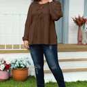 AlvaQ Plus Size Babydoll Tops for Women Dressy Tendy Long Sleeve Crewneck Bow Tie Front Peplum Blouse Shirts,Coffee 1X
