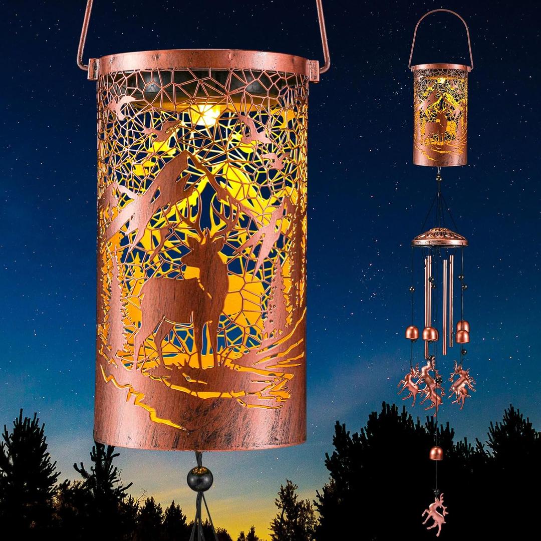 Retisee Deer Solar Wind Chimes Outdoor Metal Deer Gifts Solar Light Windchimes Outside Indoors Christmas Decoration Birthday Gift for Home Lawn Porch Patio Garden Yard