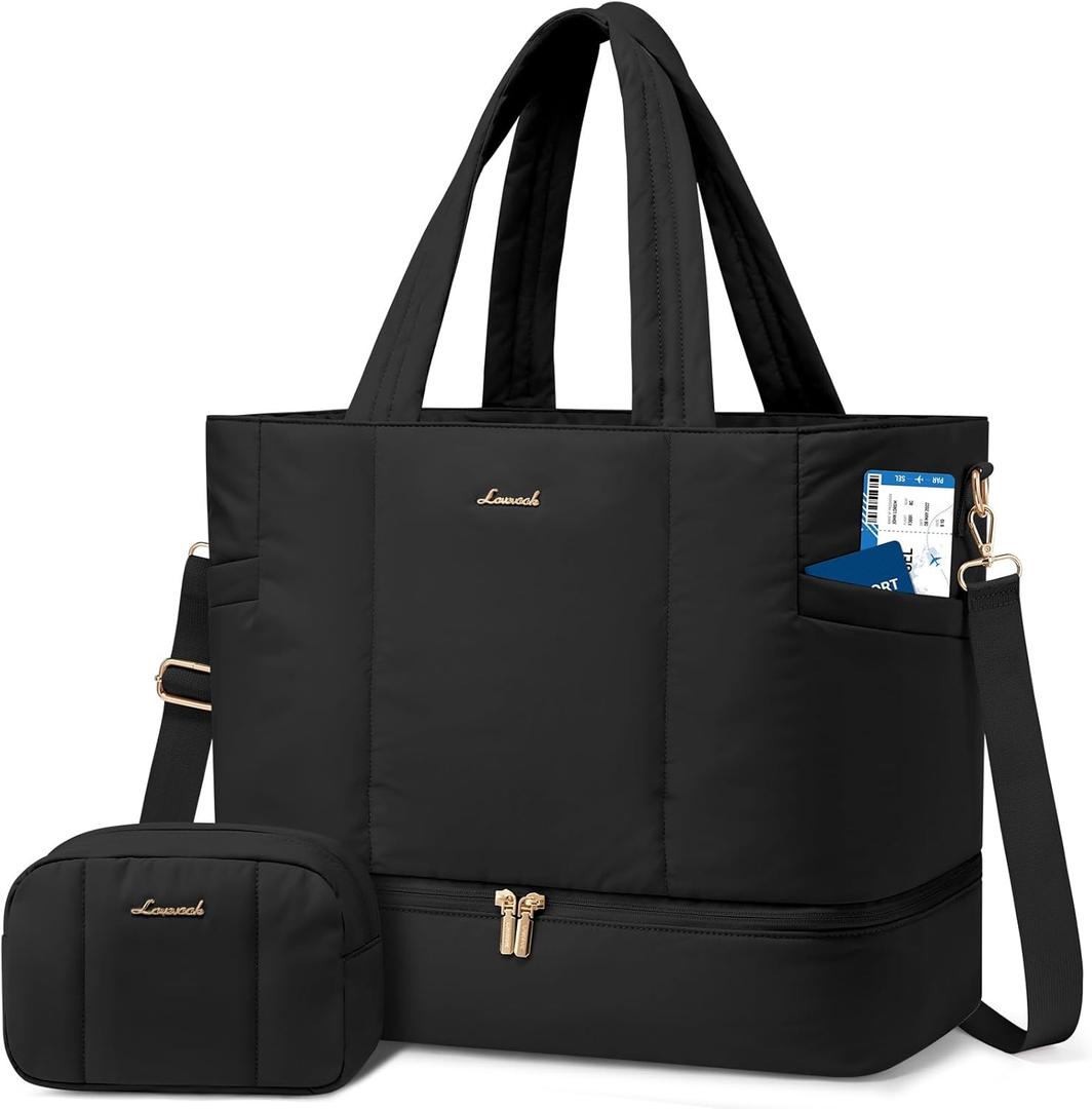 LOVEVOOK Travel Duffle Bag, Puffer Weekender Bags for Women with Shoe Compartment, Carry On Overnight Hospital Bag, Gym Tote (42L-Large, Black)