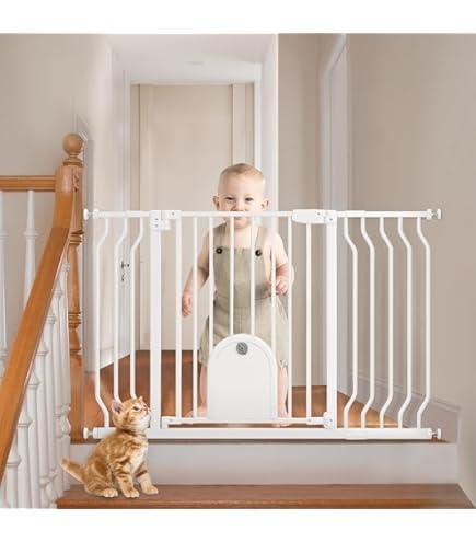 Baby Gate for Stairs with Cat Door - Baby gate with Pet Door Auto Close 29.5"-48.5" Safety Metal Dog Gate for Door Way/Stairs/House/Walk Through with Includes 2 Extension Pieces and 4 Wall Cups