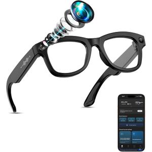 AI Smart Glasses with Camera Stabilization - 8MP POV Video Recording, Real-Time AI Translation, Smart Assistant, Dual-Mic Noise Canceling for Travel & Meetings - Anti-Blue Light, Black Frame