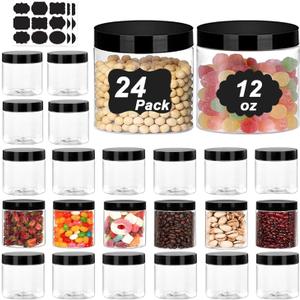 24 Pack Plastic Jars With Lids 12 OZ PET Plastic Jar Round Slime Storage Jars Wide Opening Clear Empty Plastic Jar with Screw On Lids For Dry Food Kitchen Craft Storage