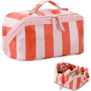 DYSHAYEN Stripe Travel Makeup Bag with Compartments Clear Coated Cosmetic Bag for Women, Waterproof Portable Open Flat Toiletry bag Pink-Orange