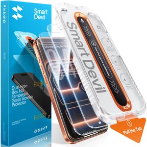 SMARTDEVIL 2 Pack Screen Protector for iPhone 17 Pro, 9H Hardness Military Grade Shatterproof HD Clear Tempered Glass, Easy to Install, Auto Bubble-Free and Dust-Free Box, Case Friendly