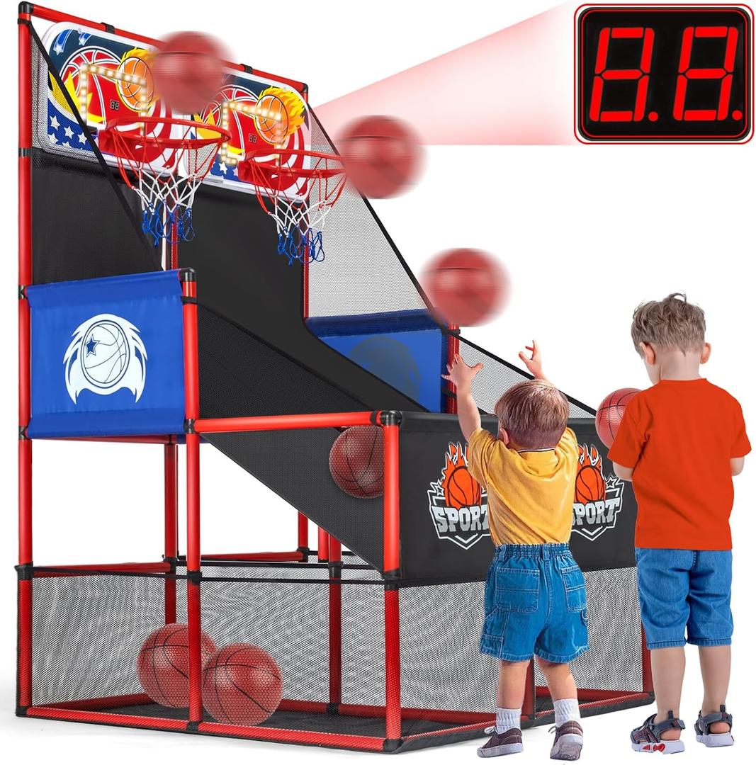 2 in 1 Dual Basketball Arcade Game Indoor/Outdoor With LED Scoring and Sound, Sport Play Toy Includes 6 Balls & Instruction & Pump For Teen Kids Toddler Birthday Christmas Carnival Backyard Party Gift