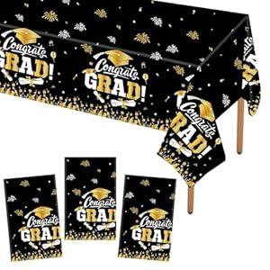 STARSIDE Set of 3 Plastic 2025 Graduation Tablecloth, 54"x108" Graduation Party Table Decorations, Gongrats Grad Disposable Tablecovers for Congrats Grad Party Supplies（Black Golden）