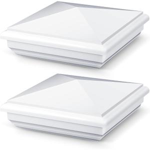 2 Pcs Vinyl Fence Post Caps White PVC England Style Post Cap Top Pyramid Square Waterproof UV Resistant Decorative Vinyl Fence Post Caps (5 x 5 Inch)