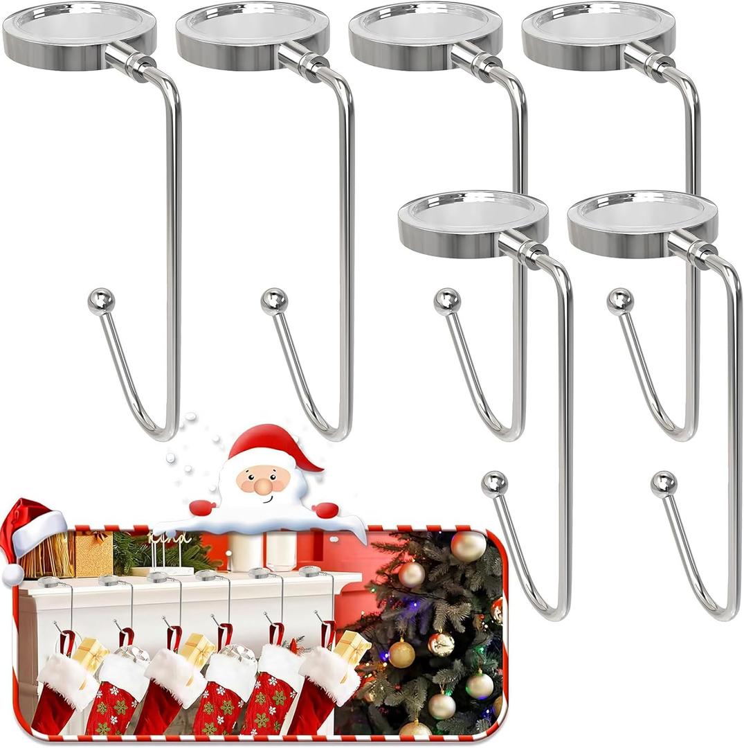 Christmas Stocking Holders for Mantle, 6 Pack Mantel Stocking Hangers Metal Hooks for Fireplace Christmas Xmas Party Decoration (Silver)