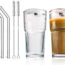 20oz Glass Tumblers with Lids and Straws - Stylish Vintage Ribbed Design for Iced Coffee, Juice, Smoothies, Milkshakes, Cold Beverages & Whiskey Cocktail Beer - Includes Cleaning Brush (2pack-Frosted)