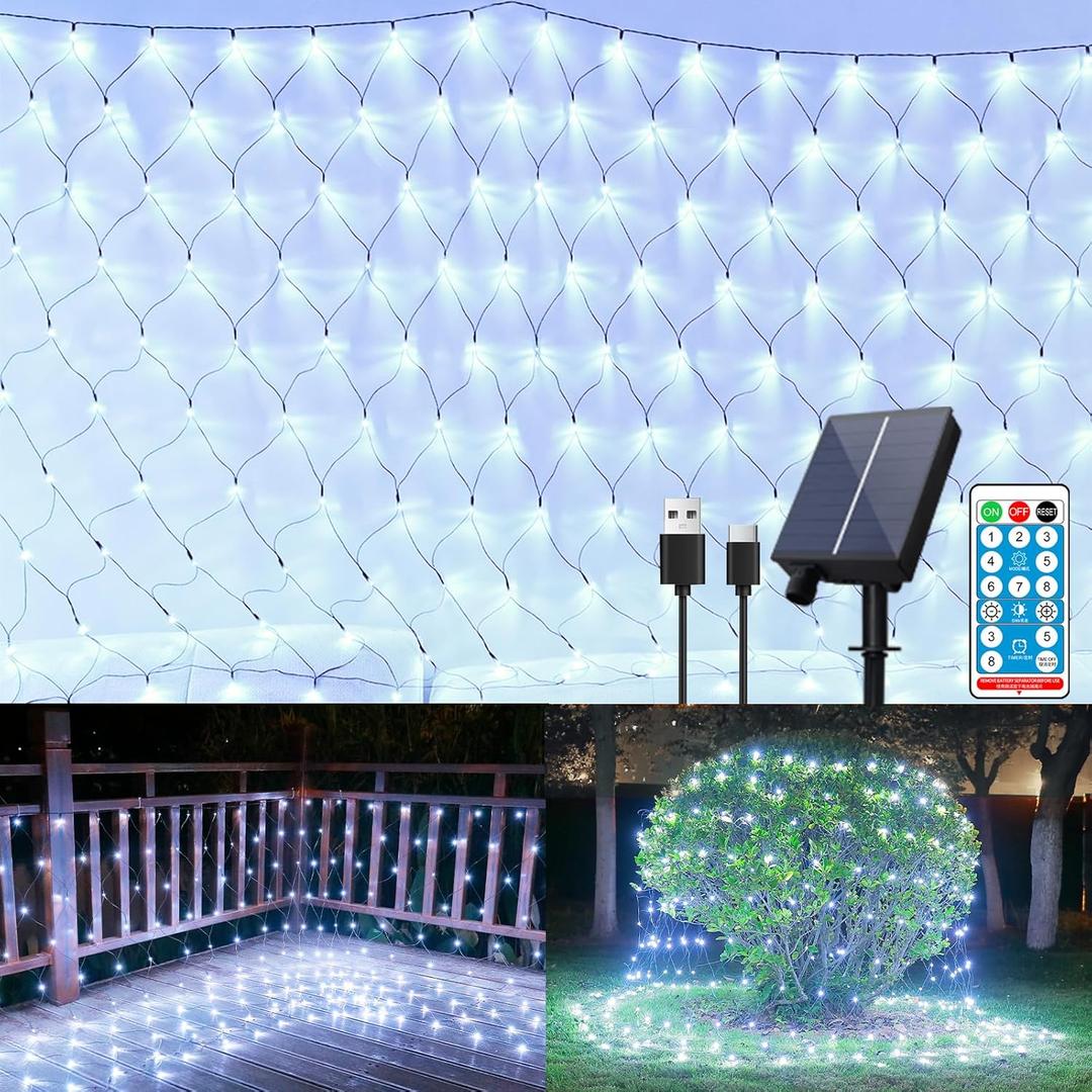 11.5ft x 5ft Solar Net Lights Outdoor, Solar & USB 2 Power Way 240 LED Waterproof Mesh Lights for Bushes, Remote Control 8 Modes String Light Trees Patio Garden Christmas Indoor Decor (Multicolor)
